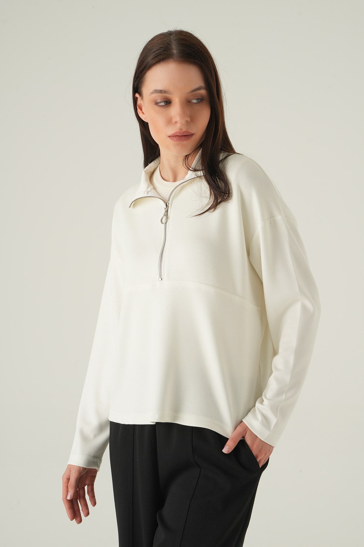 Yarım Fermuarlı Sweat 8249A Ekru 2