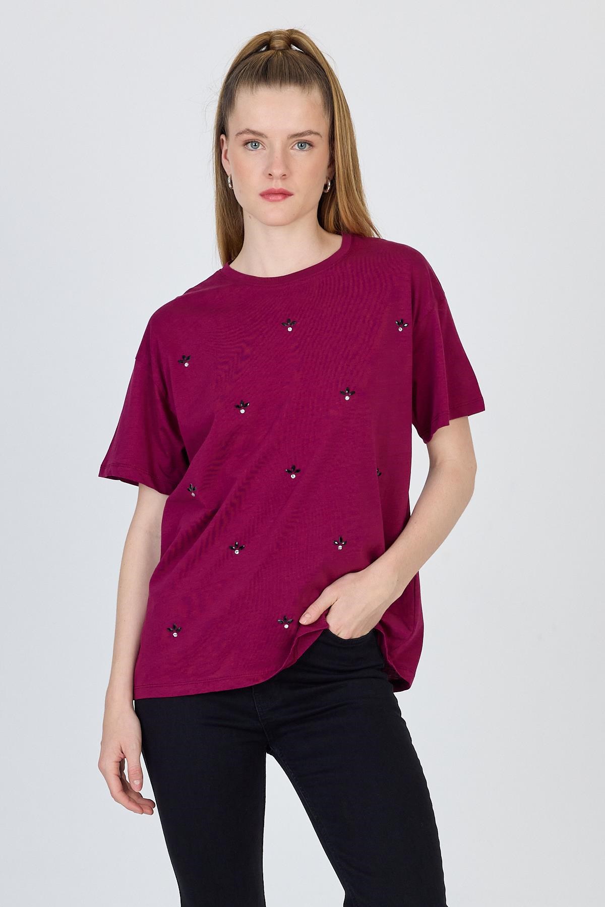 Bordo Yazı Baskılı %100 Pamuk Oversize Tişört 2150-18M