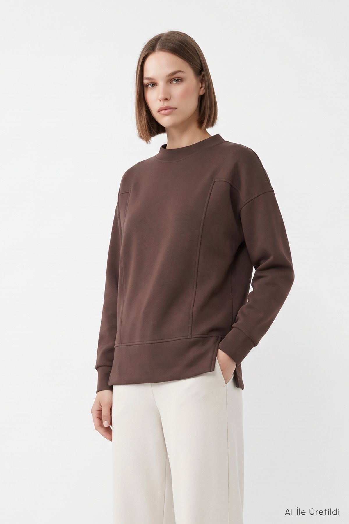 Desenli Bisiklet Yaka Bluz 8363A Kahve