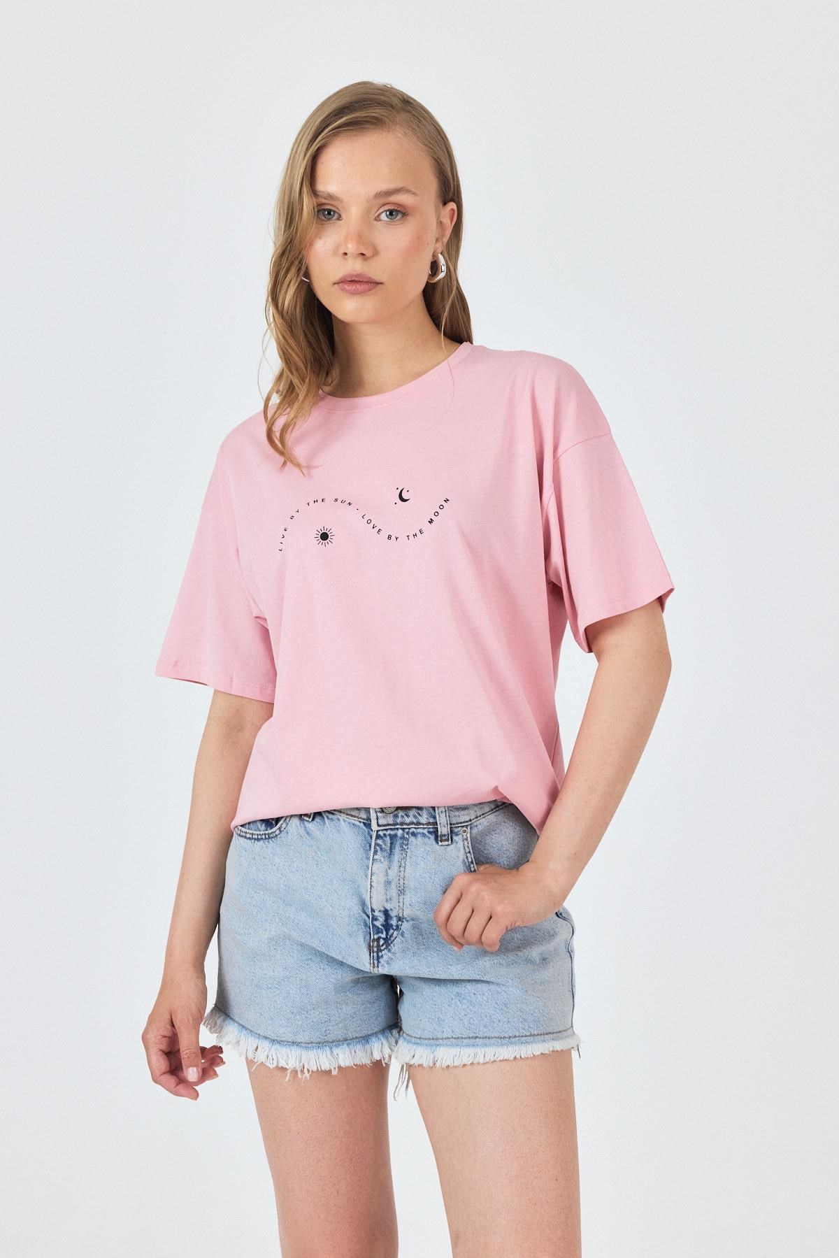 Pembe Yazı Baskılı Oversize Pamuklu Tişört 2150-32M