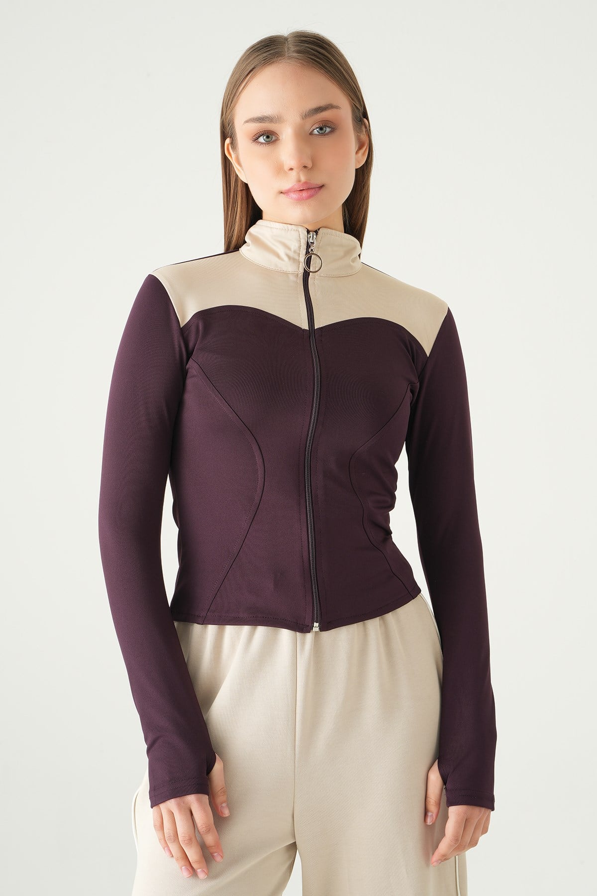 Ön Şeritli Fermuarlı Sweat 8325A Mürdüm