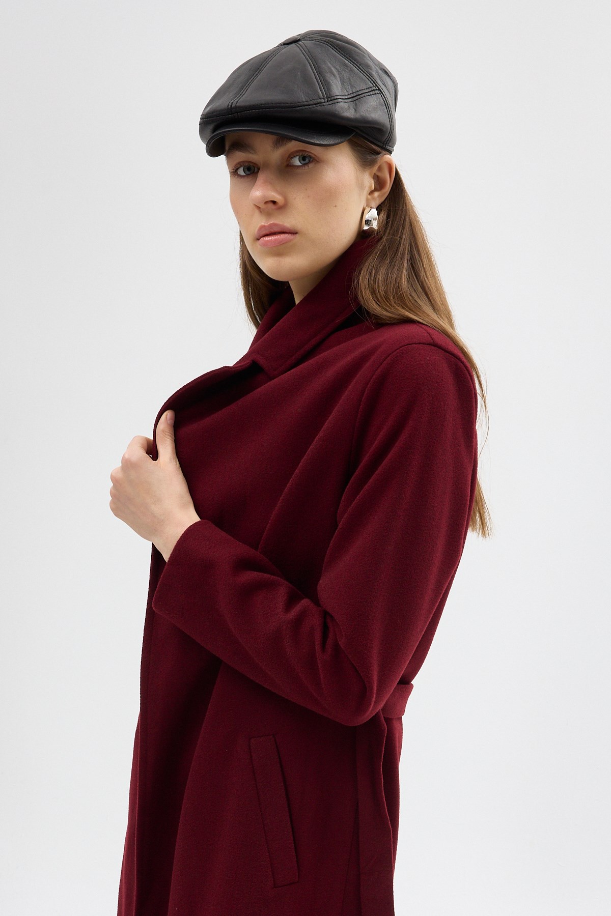 Bordo Kuşaklı Uzun Astarlı Kadın Kaban 7242A 4