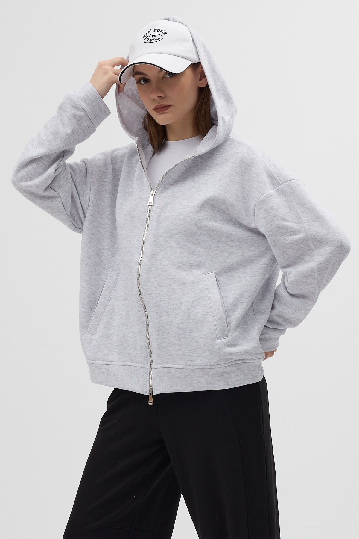 Gri Kapüşonlu Fermuarlı Oversize Kadın Hırka 3116A