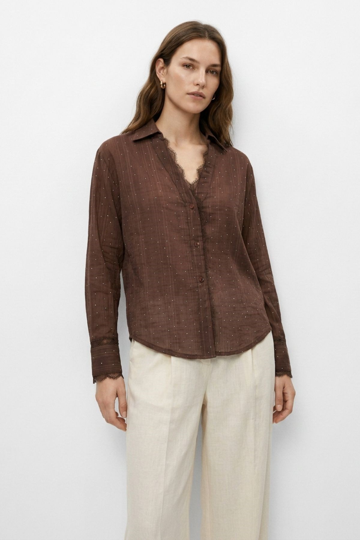 Dantelli Taşlı Gömlek 34523 Kahve 2