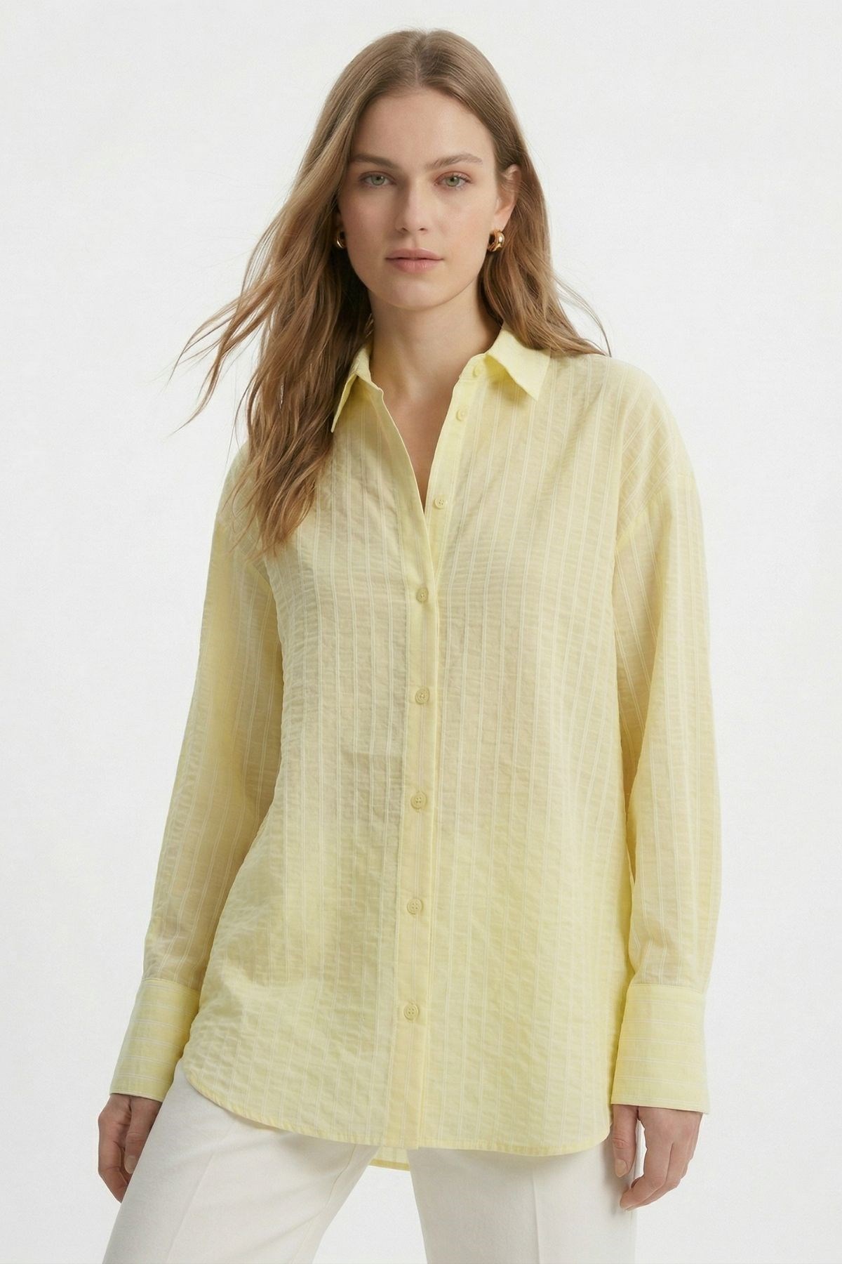 Çizgili Oversize Gömlek 5460 Sarı