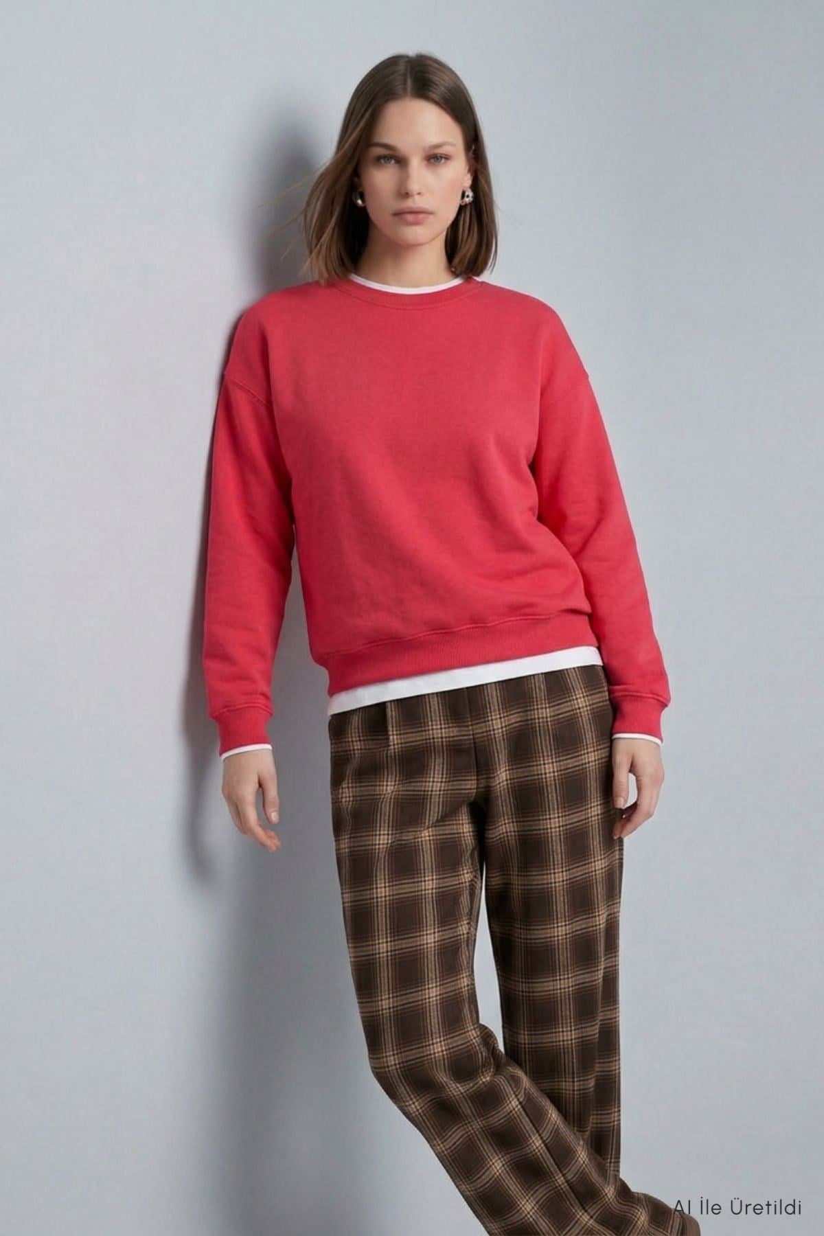 Bisiklet Yakalı Basic Oversize Sweatshirt 954 Kırmızı 3