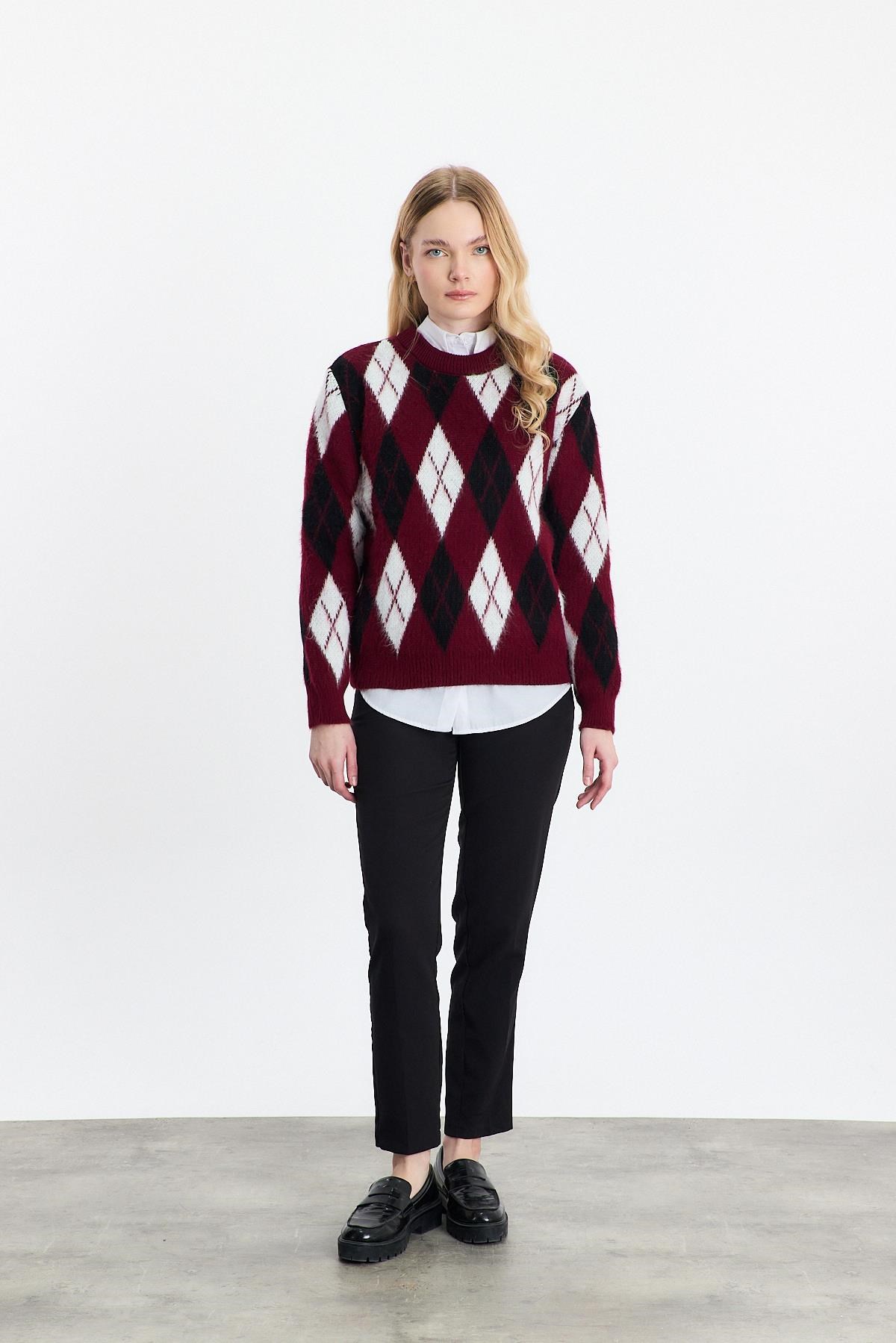 Baklava Desen Şardonlu Kazak 24376 Bordo