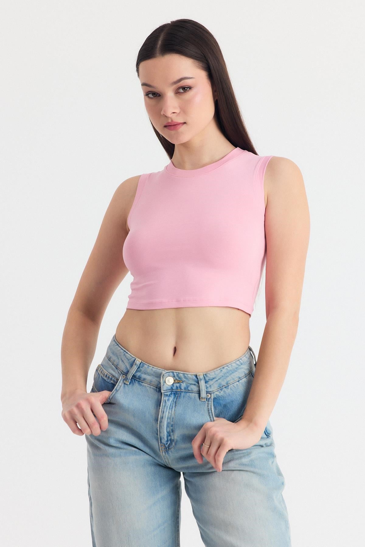 Pembe Kolsuz Bisiklet Yaka Crop Atlet 318