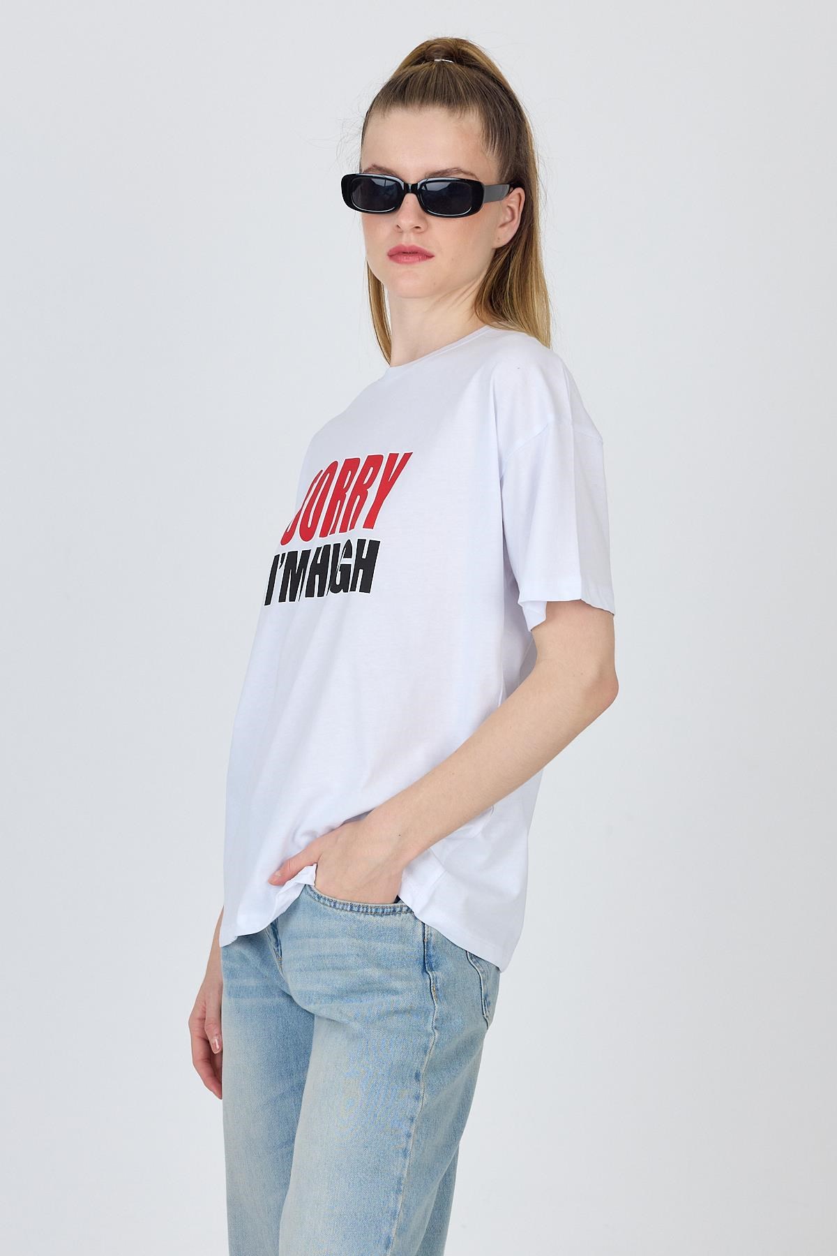 Beyaz Yazı Baskılı %100 Pamuk Oversize Tişört 2150-7M 6