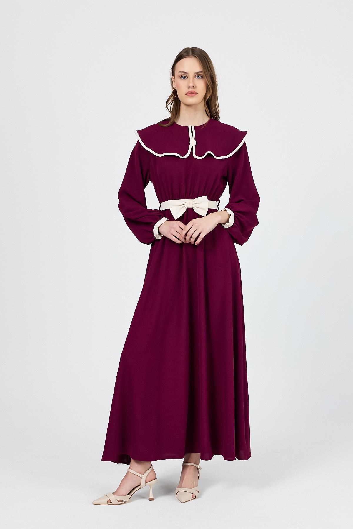 Bordo Biye Detaylı Bebe Yaka Elbise 4413A
