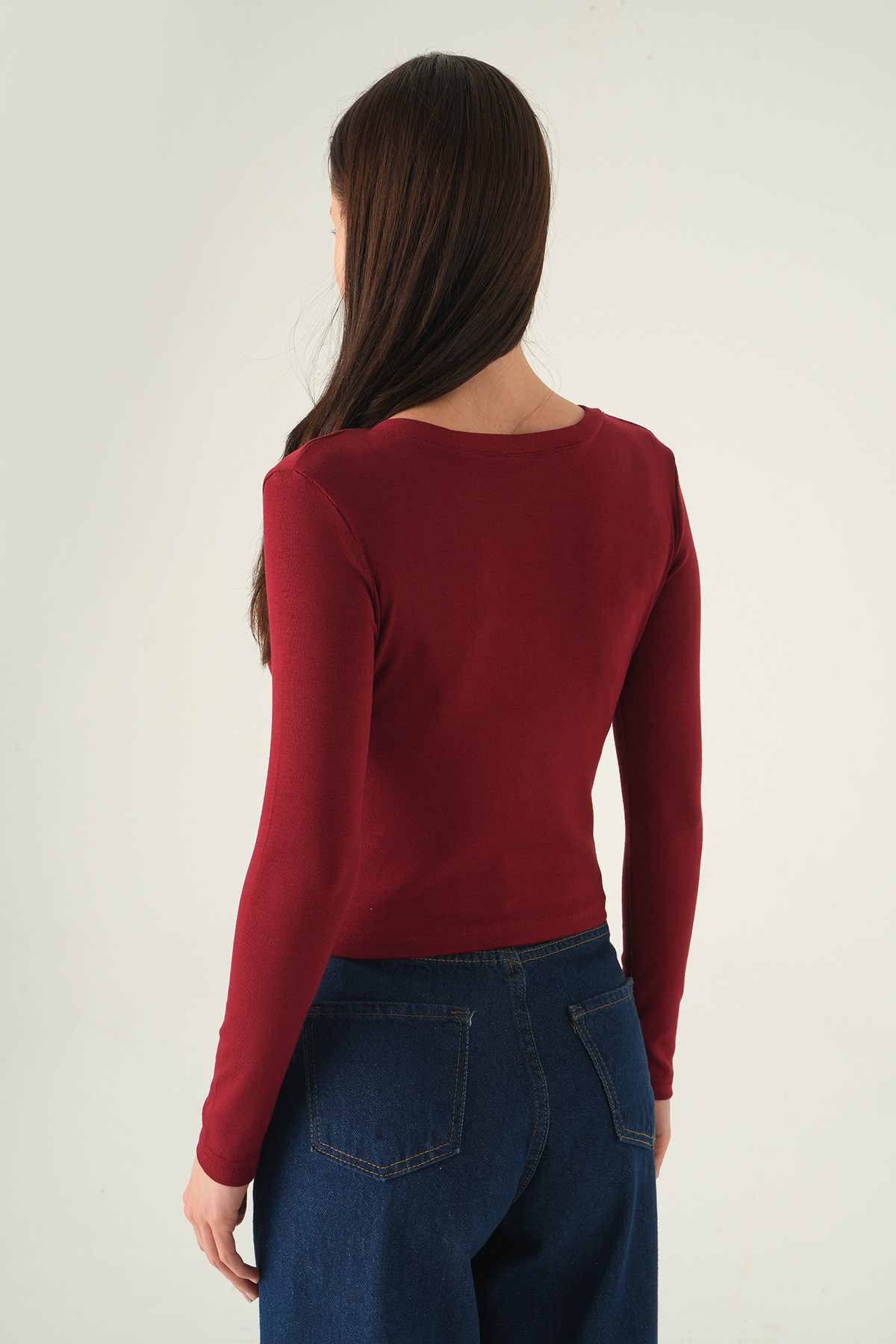 V Yaka Düğmeli Badi 8299A Bordo 5