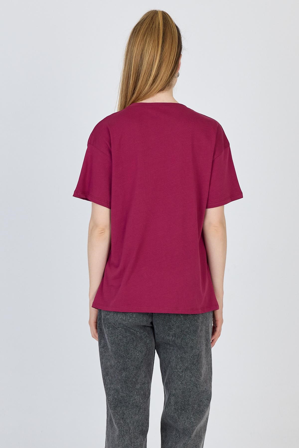 Bordo Yazı Baskılı %100 Pamuk Oversize Tişört 2150-7M 5