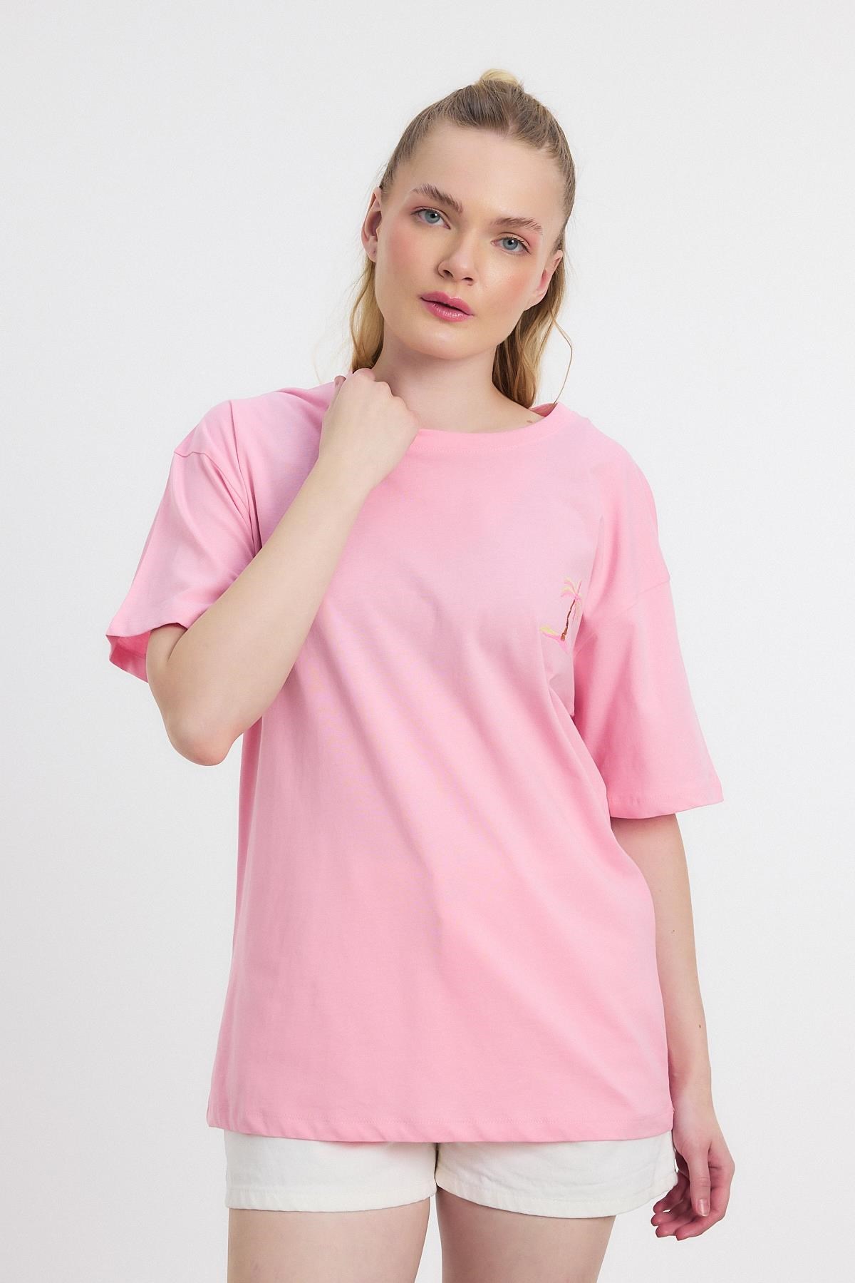 Bisiklet Yaka Nakışlı Tişört 2150-16M Pembe