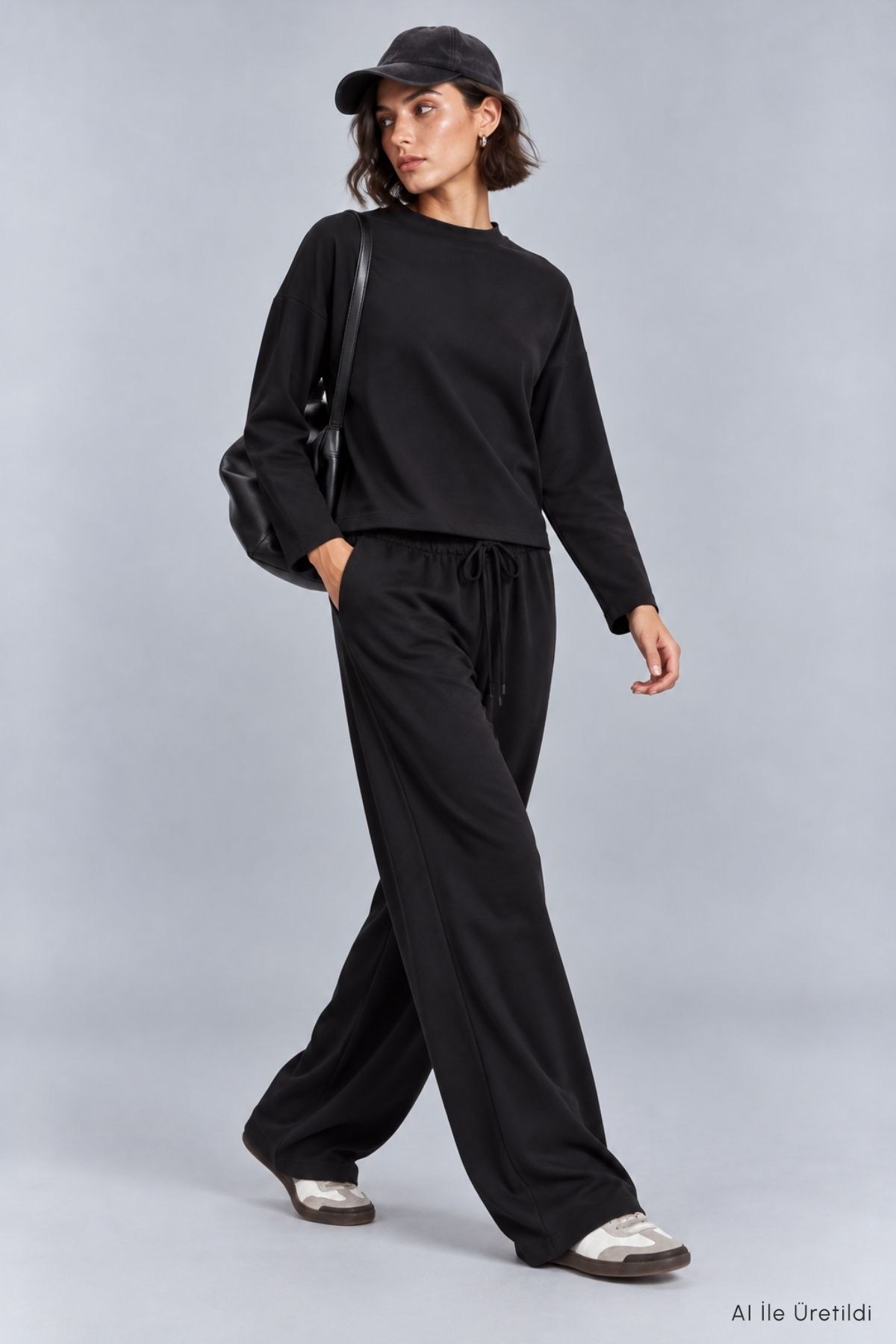 Kadın Siyah Bisiklet Yaka Oversize Sweat ve Bol Paça Eşofman Takım 3