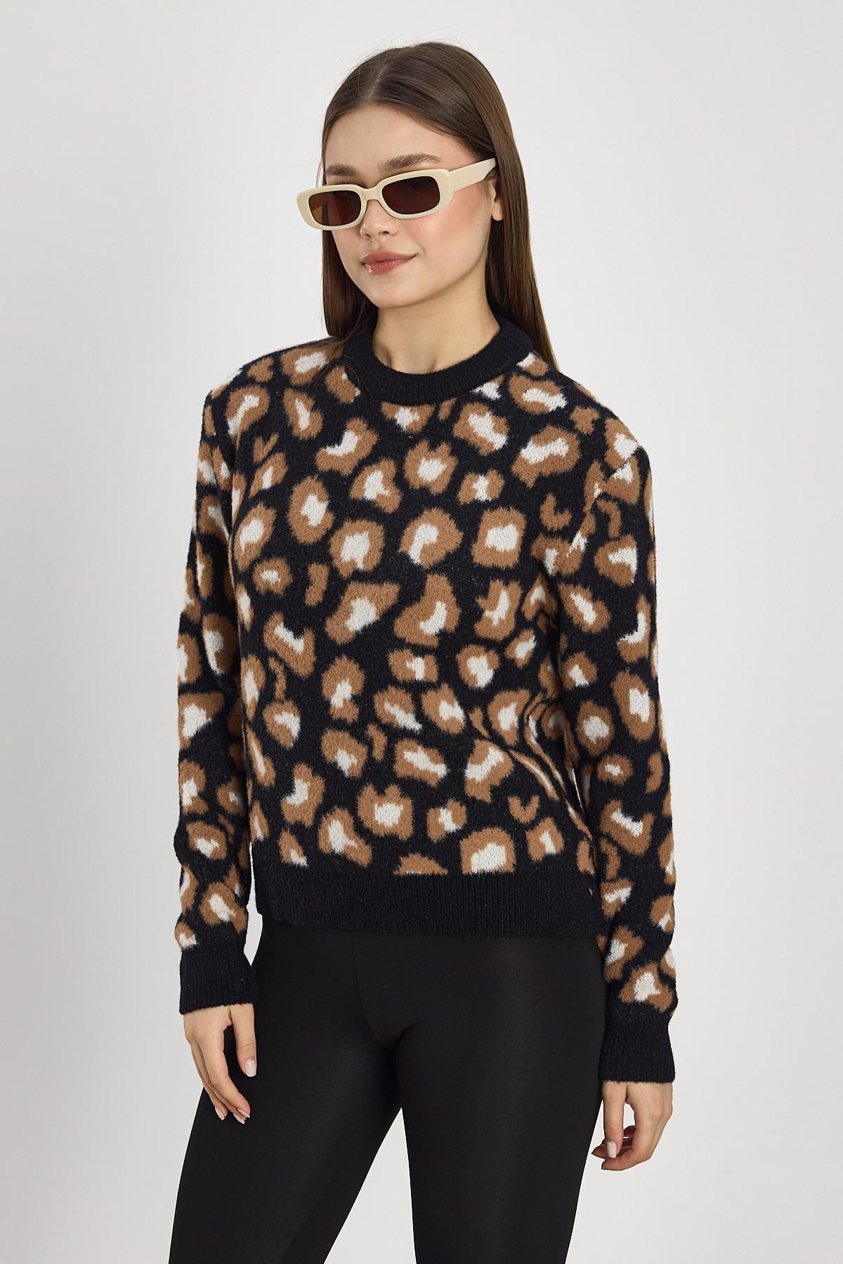 Leopar Detay Triko Kazak 24342 Siyah