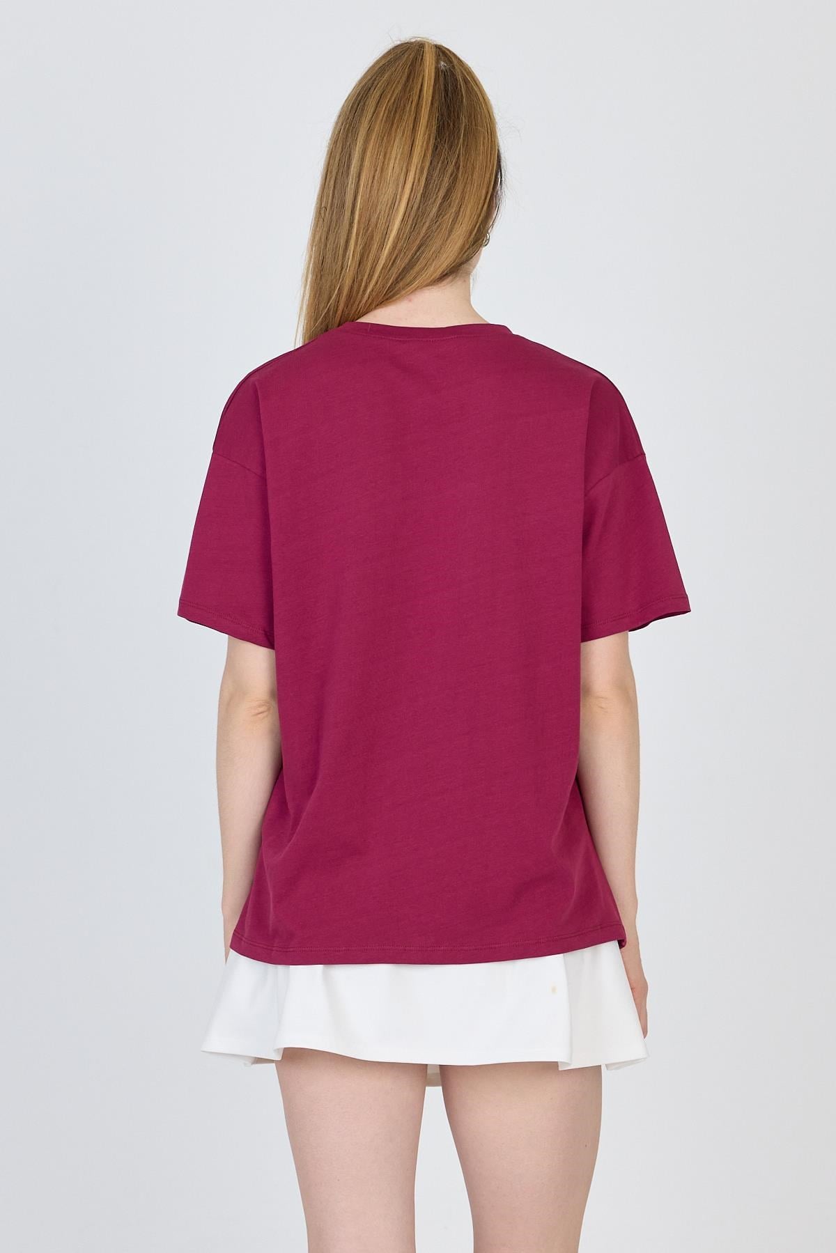Bordo Yazı Baskılı %100 Pamuk Oversize Tişört 2150-9M 5