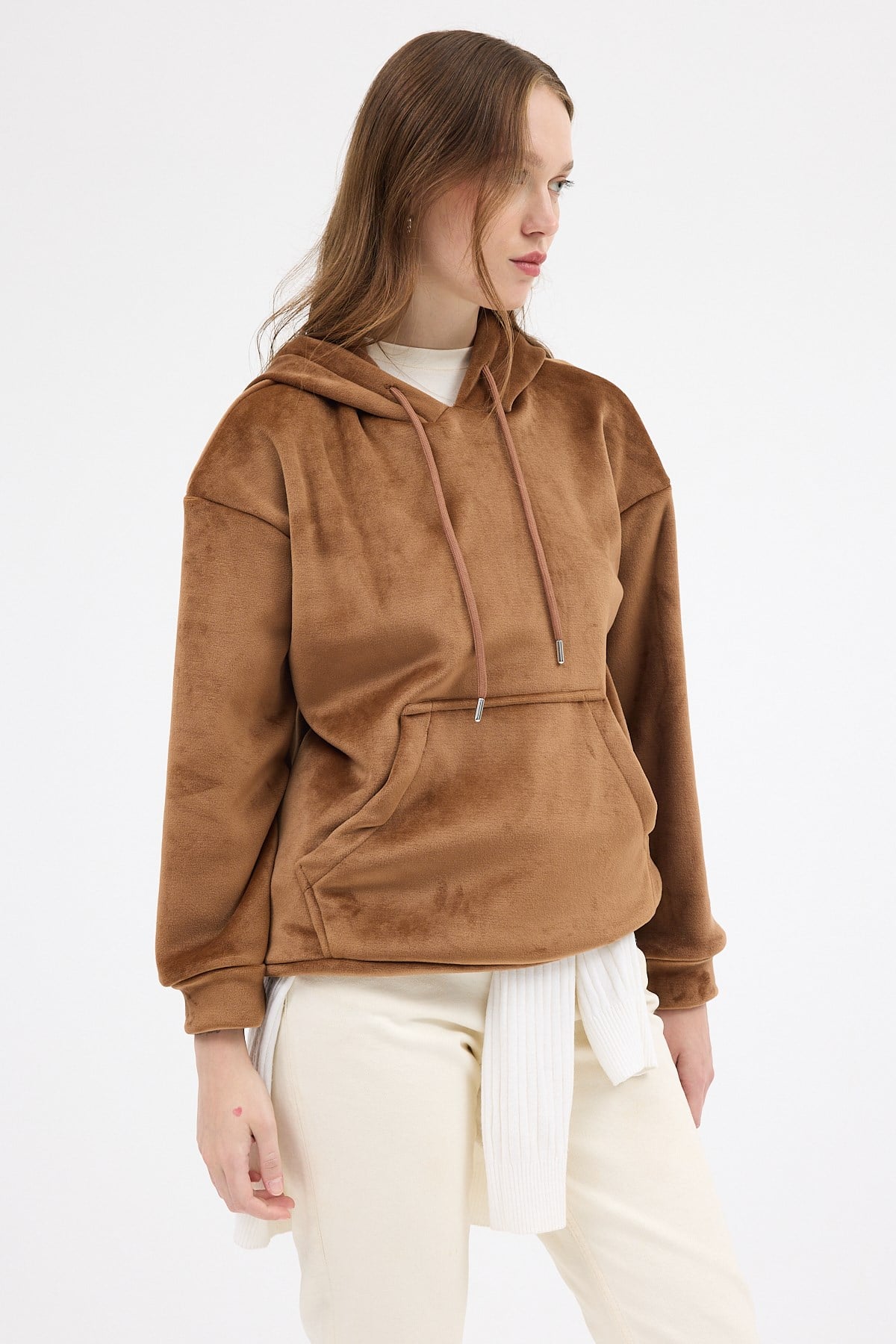 Taba Kadın Peluş Kanguru Cepli Kapüşonlu Sweatshirt 3061A 2