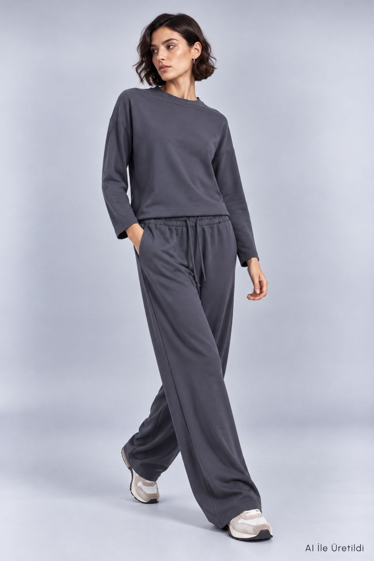 Kadın Antrasit Bisiklet Yaka Oversize Sweat ve Bol Paça Eşofman Takım 2