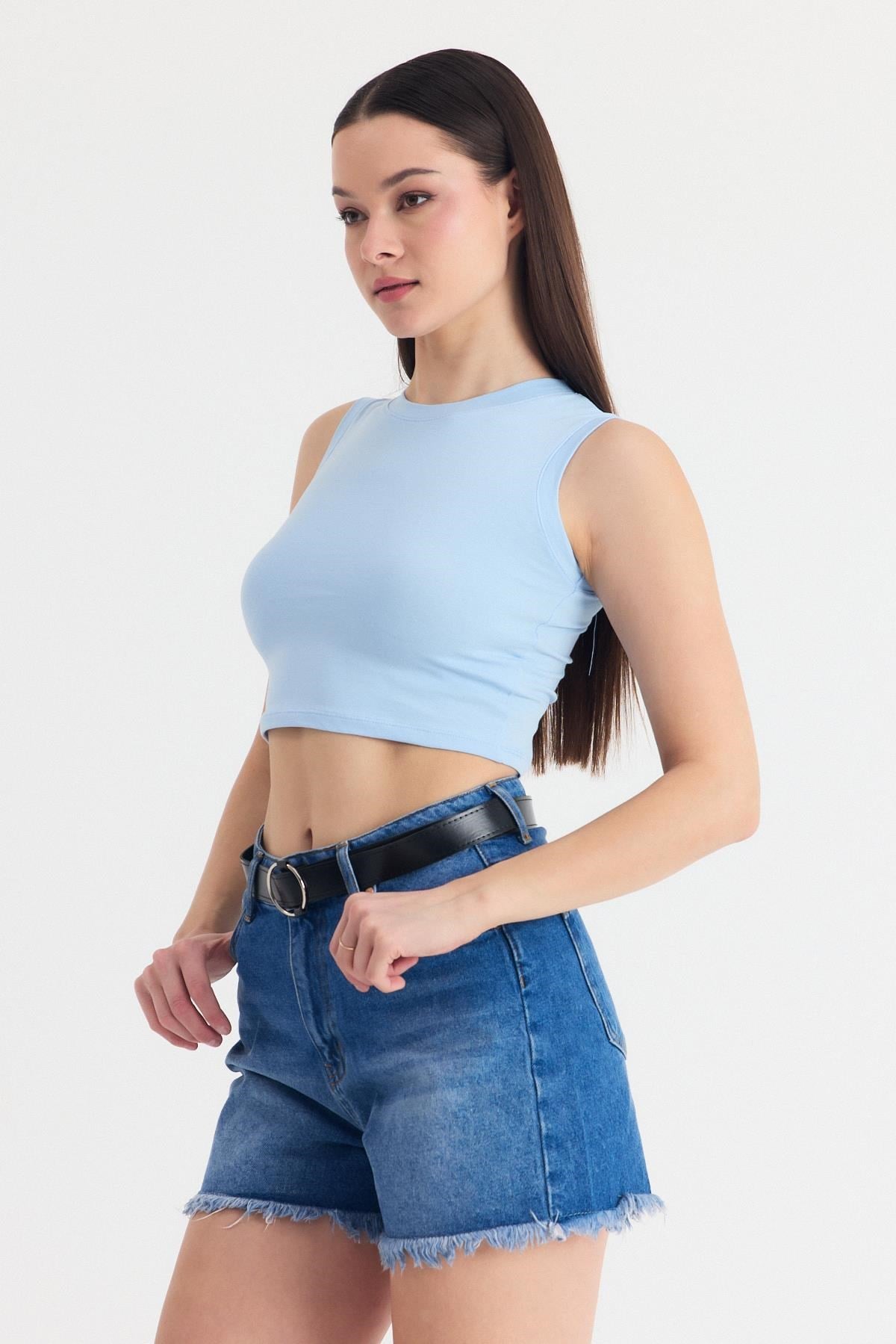 Mavi Kolsuz Bisiklet Yaka Crop Atlet 318