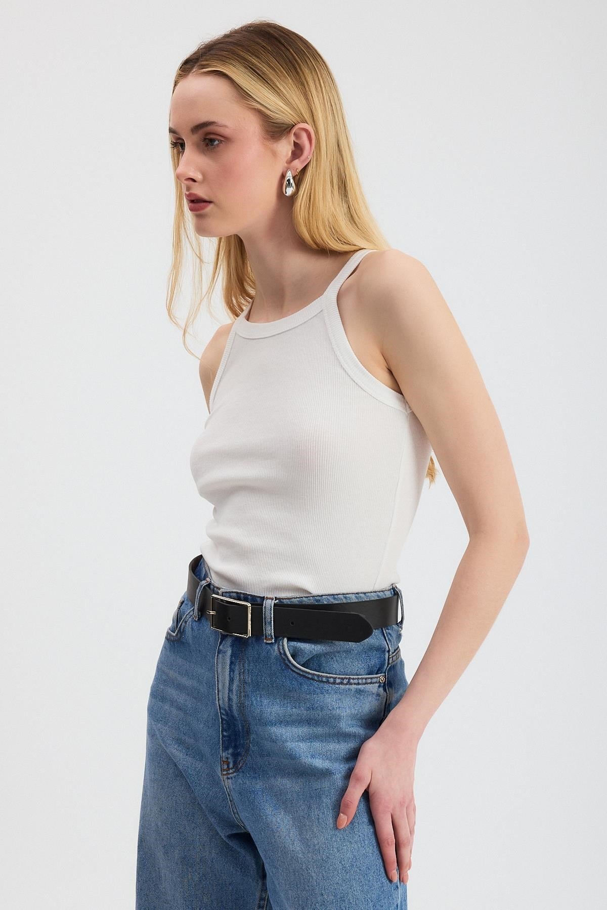 Beyaz -1121 Sıfır Kol Fitilli Halter Yaka Basic Atlet 8