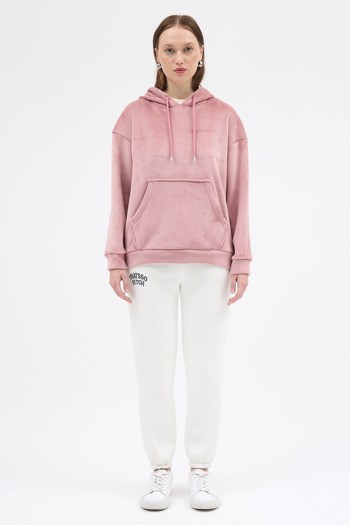 Pembe Kadın Peluş Kanguru Cepli Kapüşonlu Sweatshirt 3061A 3