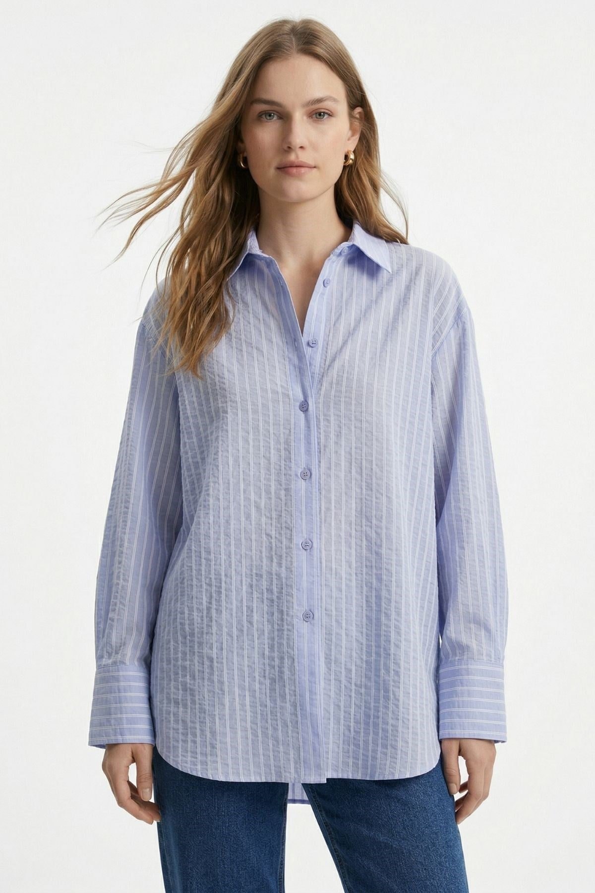 Çizgili Oversize Gömlek 5460 Mavi 3