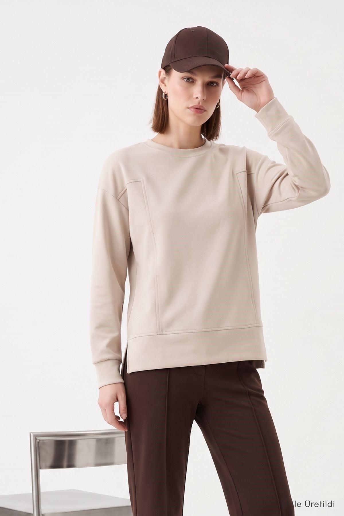 Desenli Bisiklet Yaka Bluz 8363A Bej 3