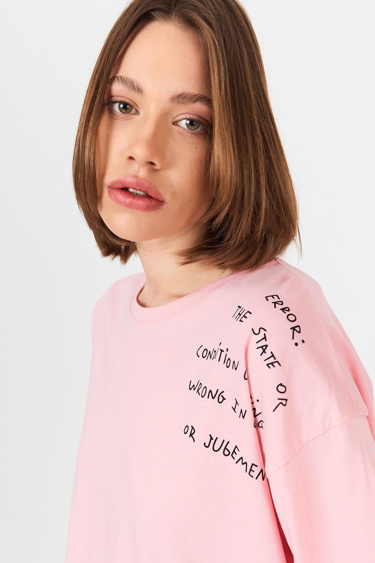 Pembe Göğüs Yazı Baskılı Pamuklu Oversize Tişört 2150-31M 6