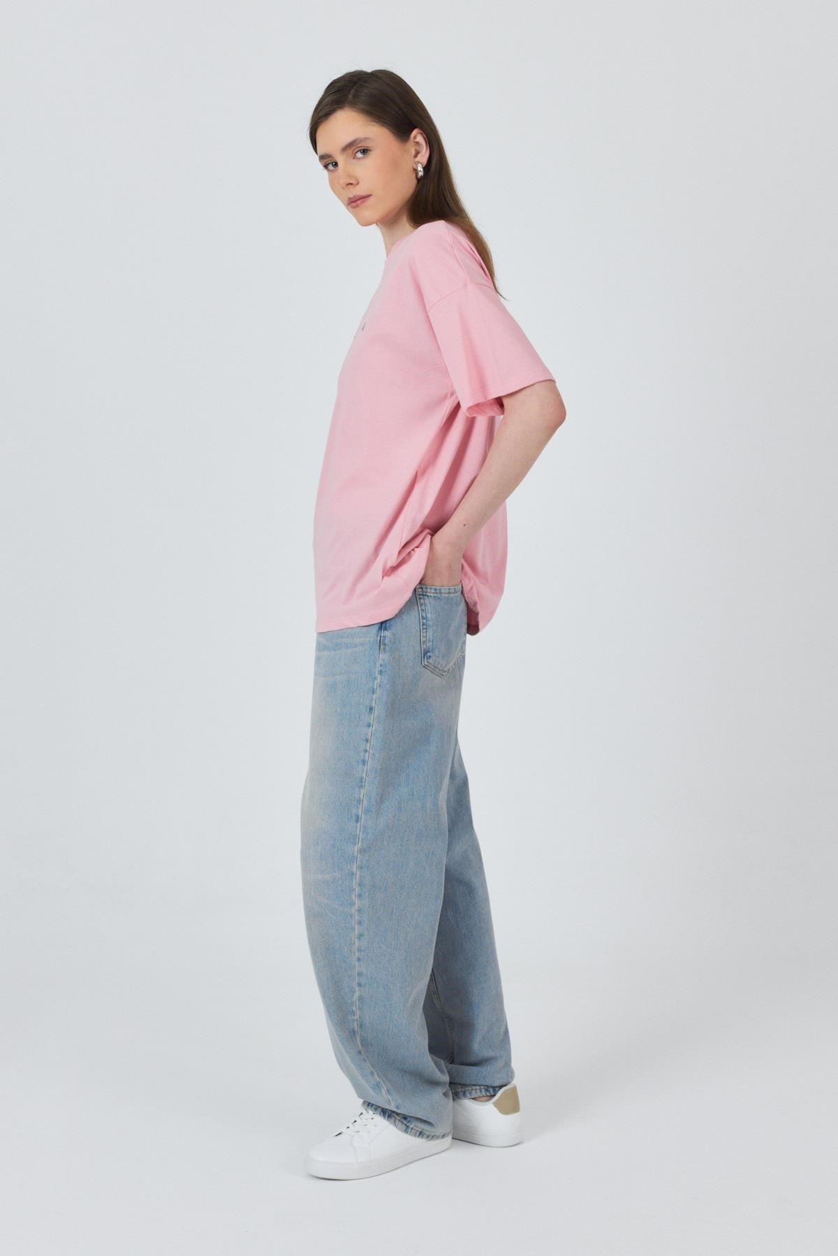 Pembe Yazı Baskılı Pamuklu Oversize Tişört 2150-3M 6