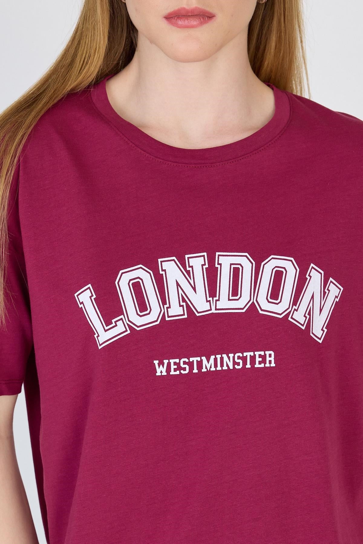 Bordo Yazı Baskılı %100 Pamuk Oversize Tişört 2150-9M 4