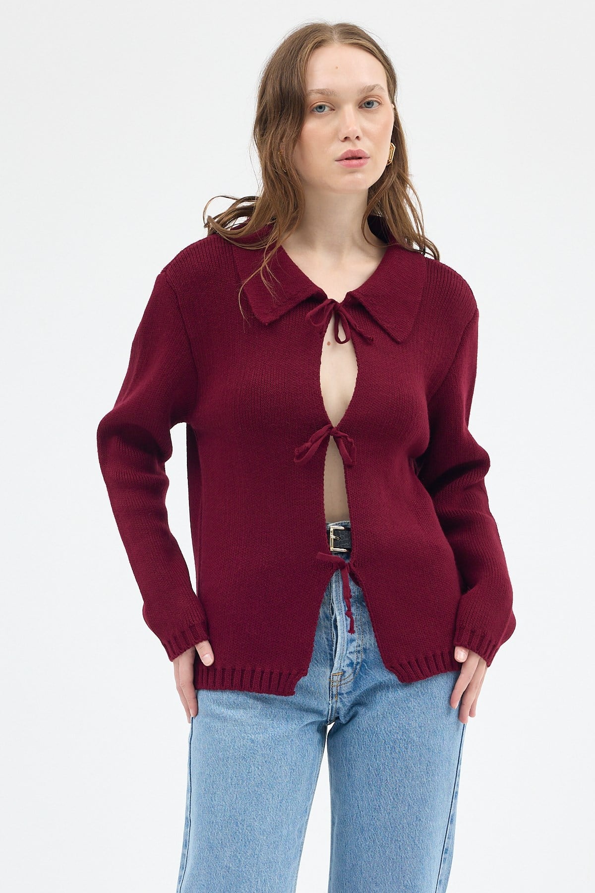 Bordo Kadın Bağlamalı Polo Yaka Triko Hırka 7095 6
