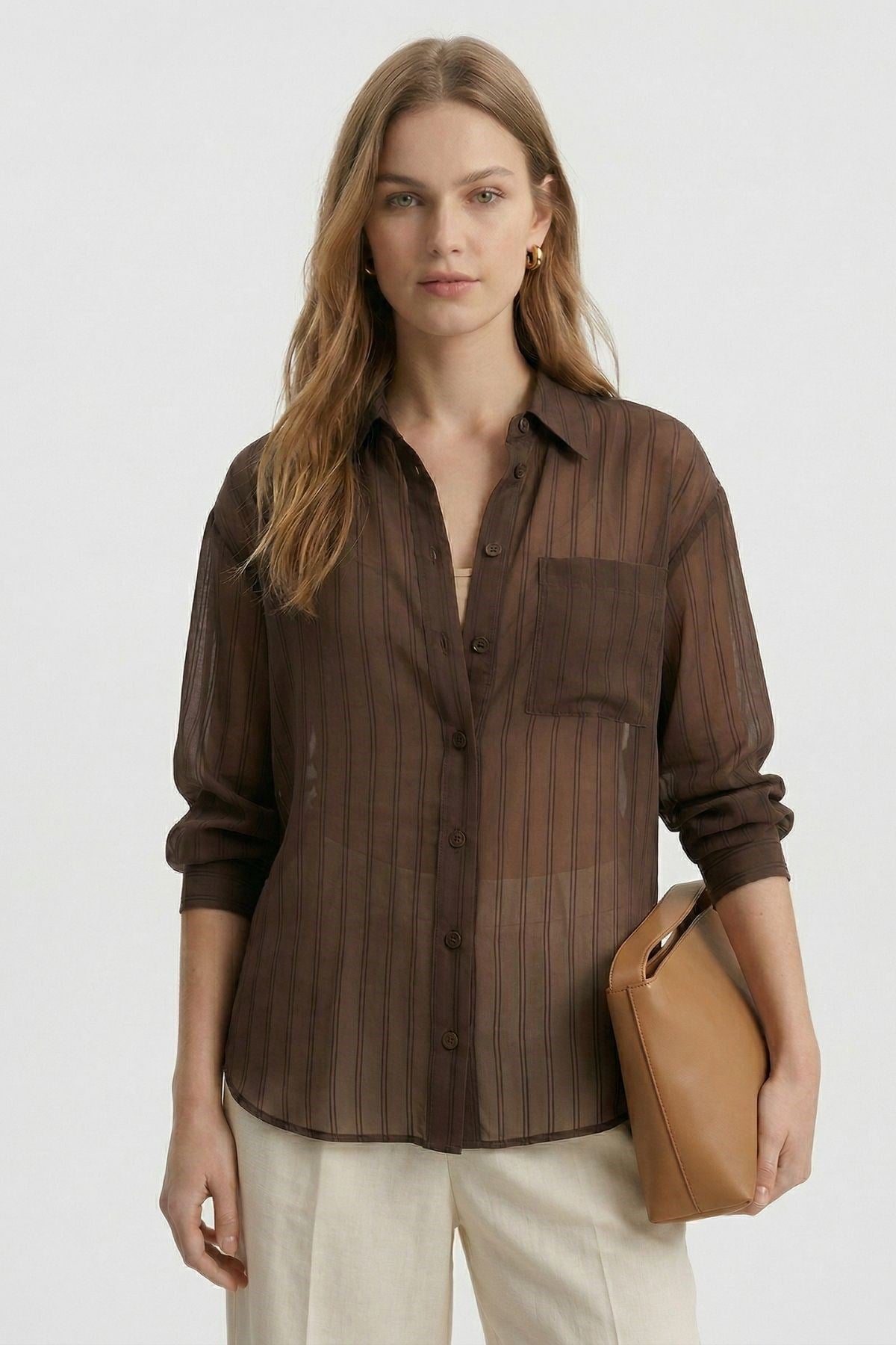Kahve Cepli Çizgili Oversize Gömlek 5449 3