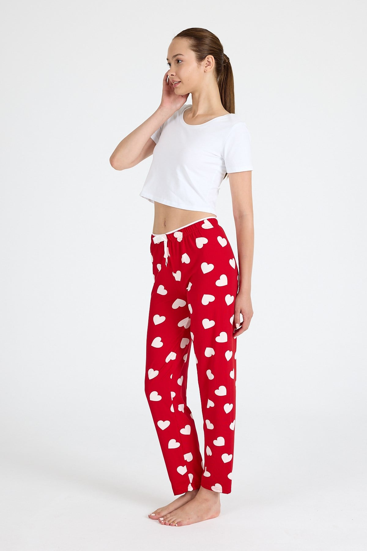 Kırmızı Kalp Desenli Örme Pijama Altı 4522