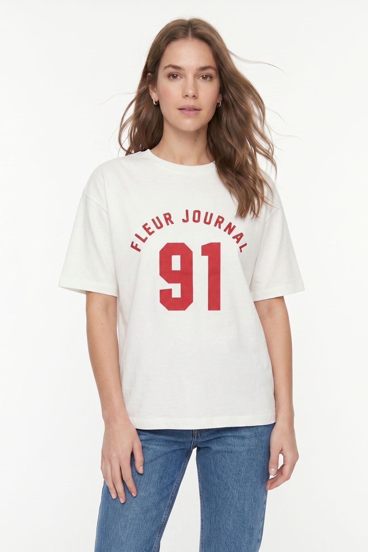 Bisiklet Yaka Kısa Kol Baskılı Oversize Tişört 8458 Ekru 2