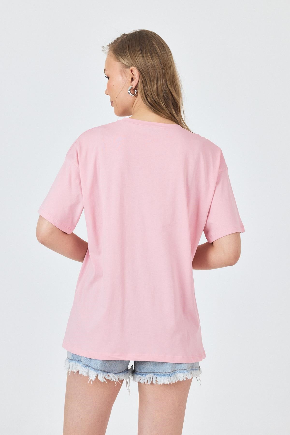 Pembe Yazı Baskılı Oversize Pamuklu Tişört 2150-32M 5