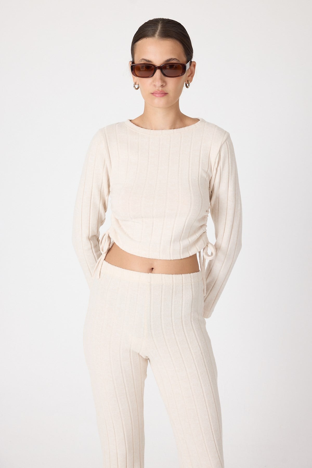 Bej Fitilli Crop Bluz Pantolon İkili Takımı 8114A 3