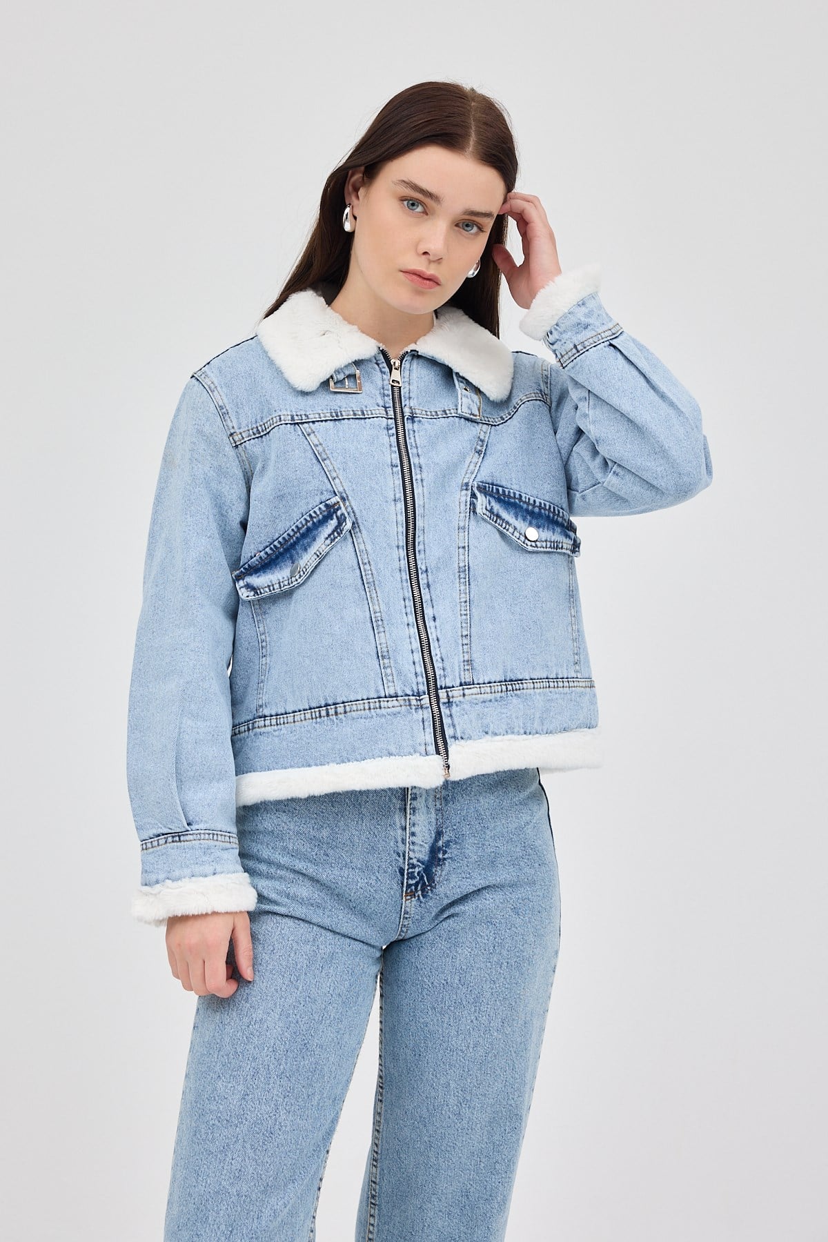 Buzkar İçi Kürklü Crop Jean Kadın Ceket 6010