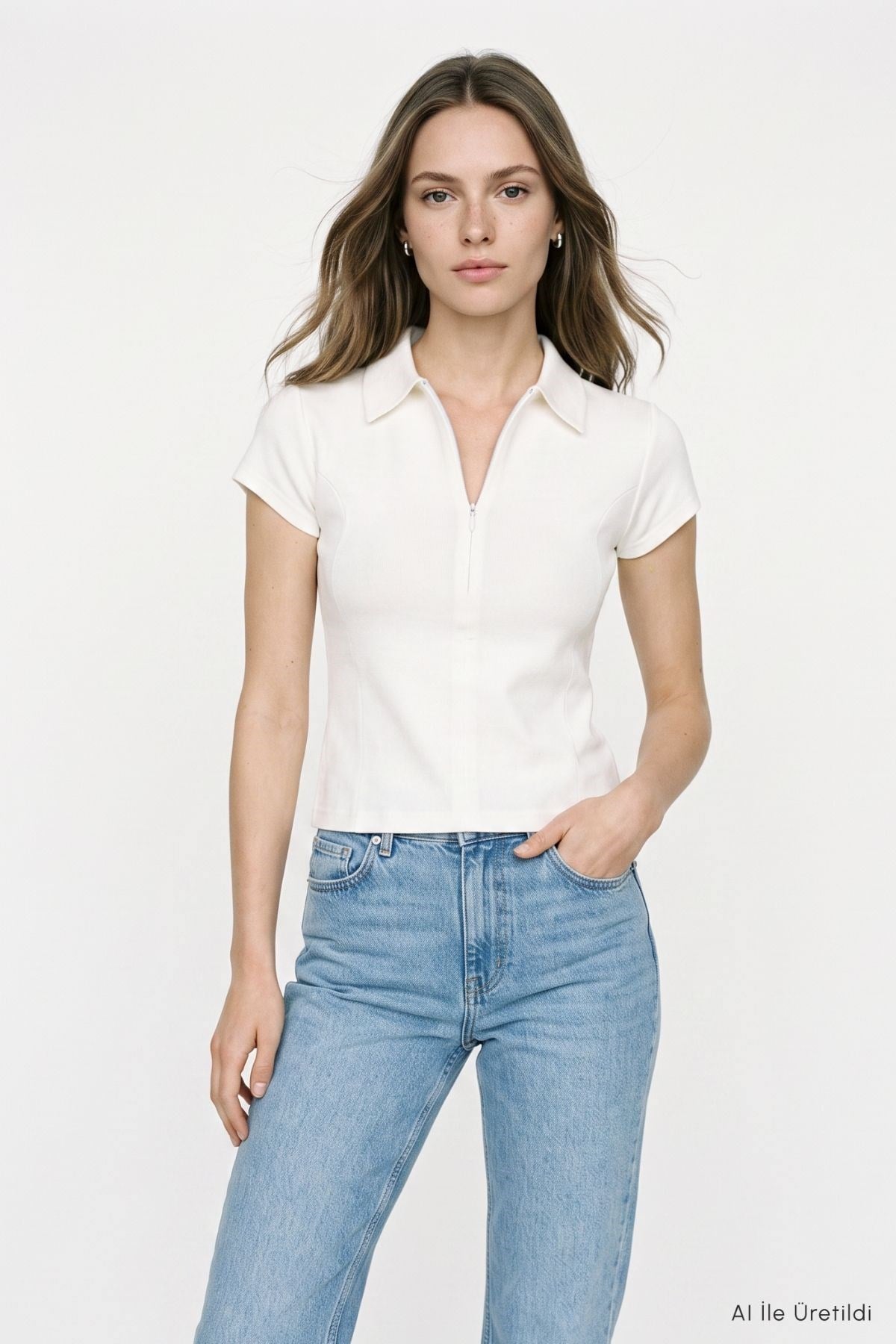 Polo Yaka Kısa Kol Crop Tişört 26651 Ekru
