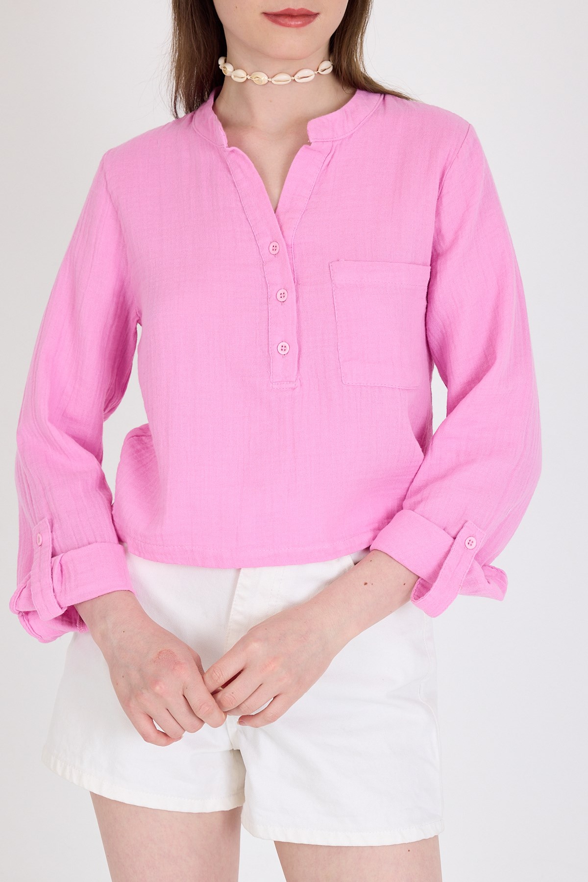 Pembe %100 Pamuk Keten Görünümlü Hakim Yaka Crop Gömlek 4702A 6
