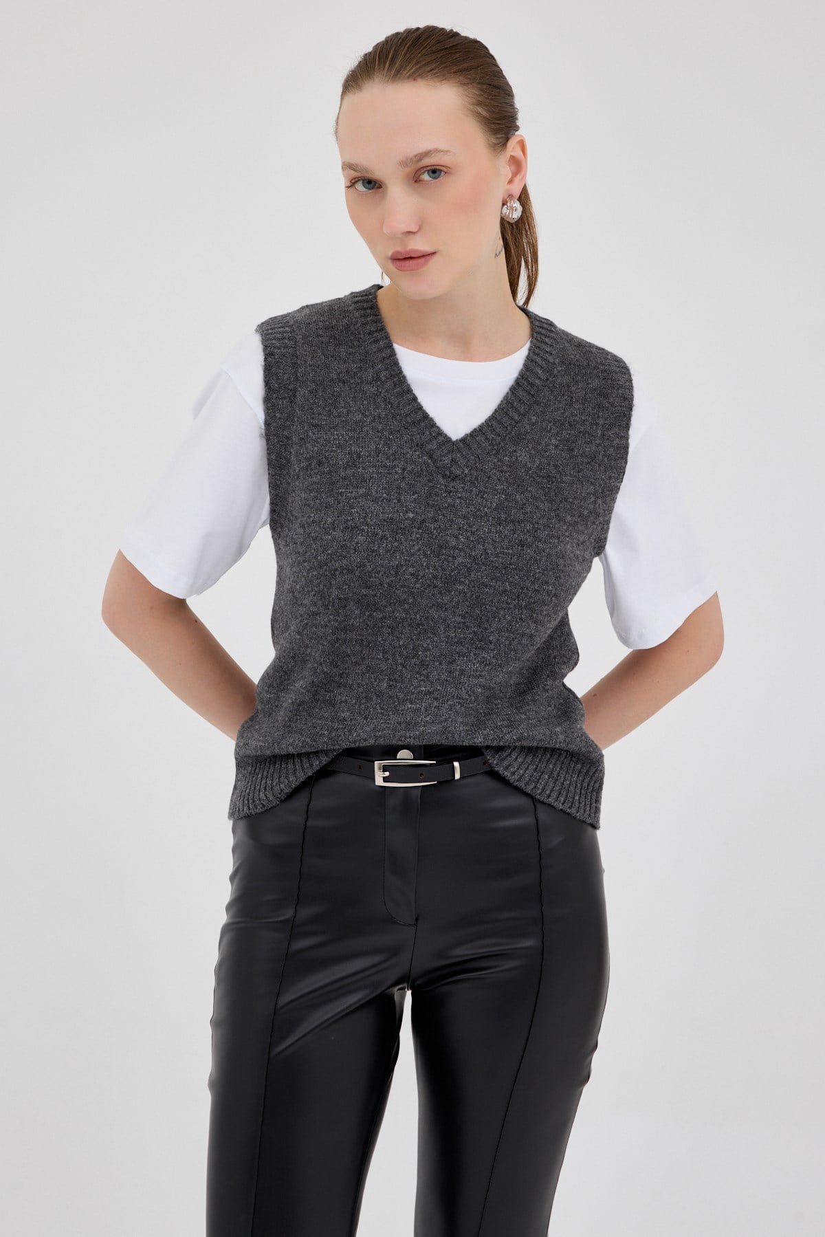 Antrasit Oversize V Yaka Kadın Süveter 2292 6