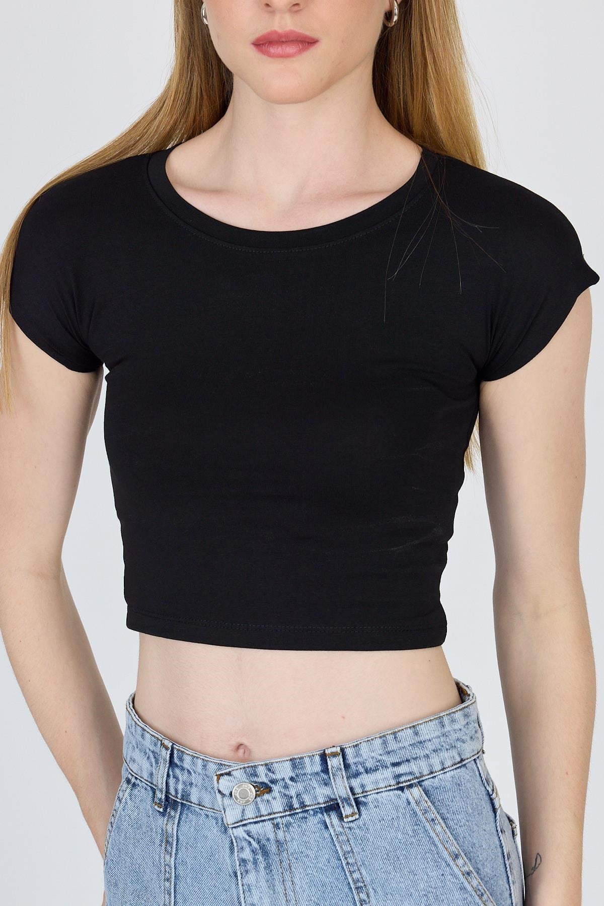 Siyah Bisiklet Yaka Pamuklu Slim Fit Crop Tişört 9199M 4