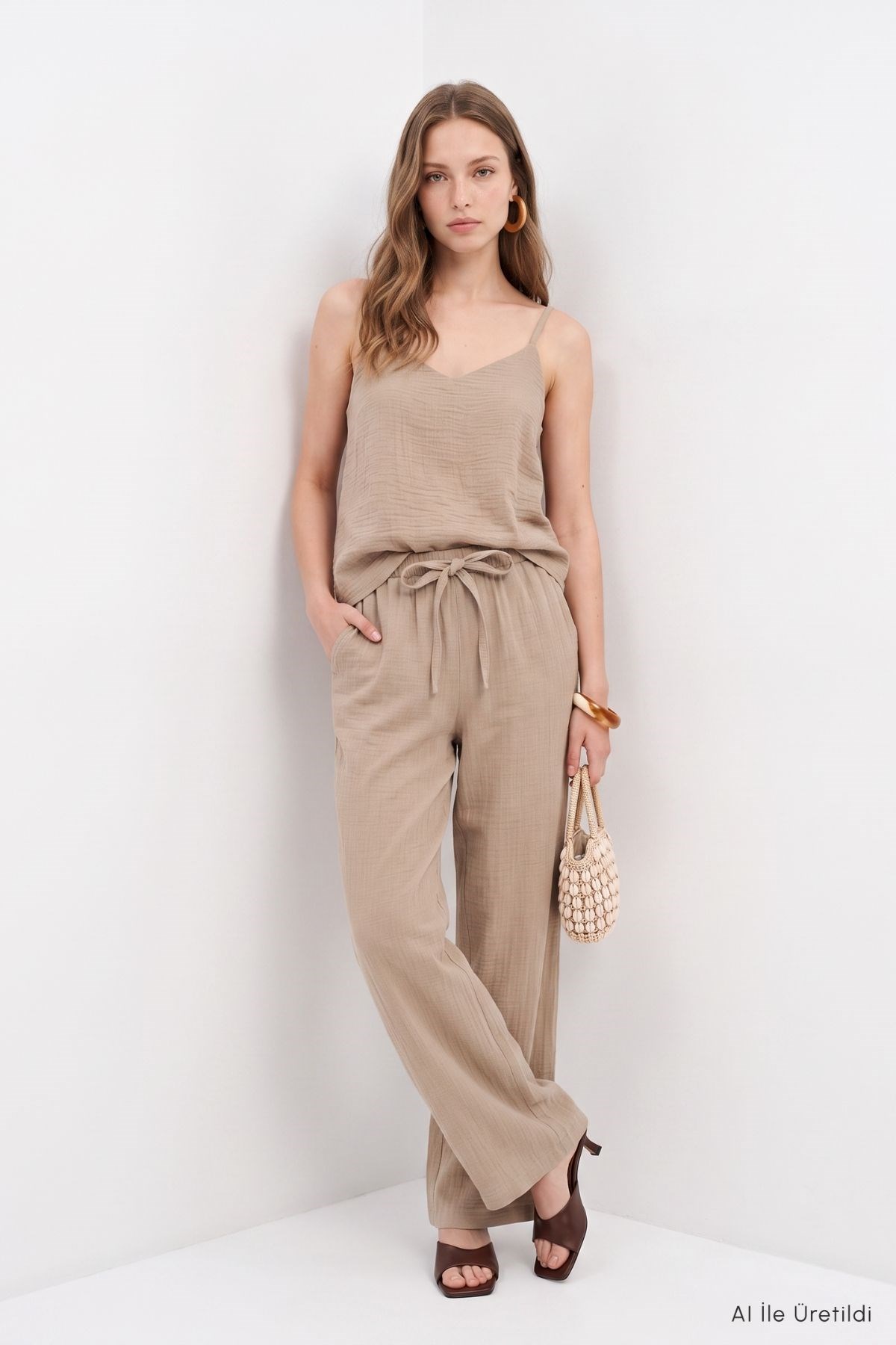 İnce Askılı Bluz Pantolon Takım 8661A Vizon