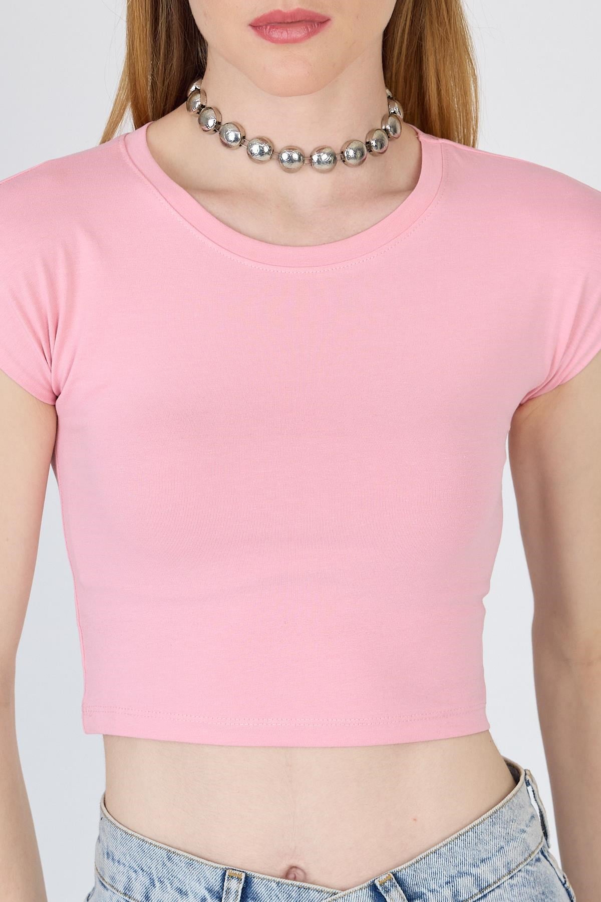 Pembe Bisiklet Yaka Pamuklu Slim Fit Crop Tişört 9199M 4