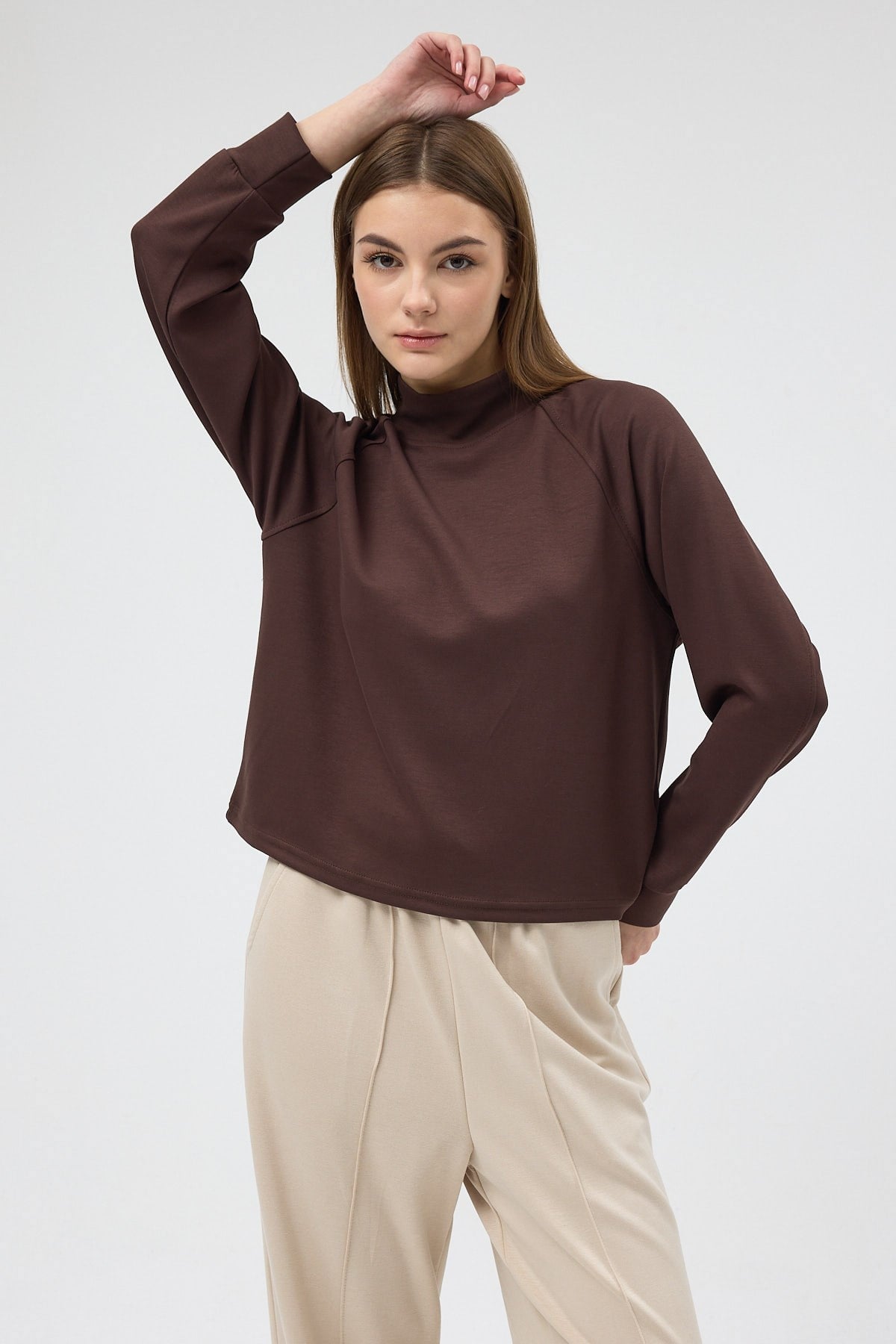 Kahverengi Dik Yaka Reglan Kol Kadın Sweat 8252A 2