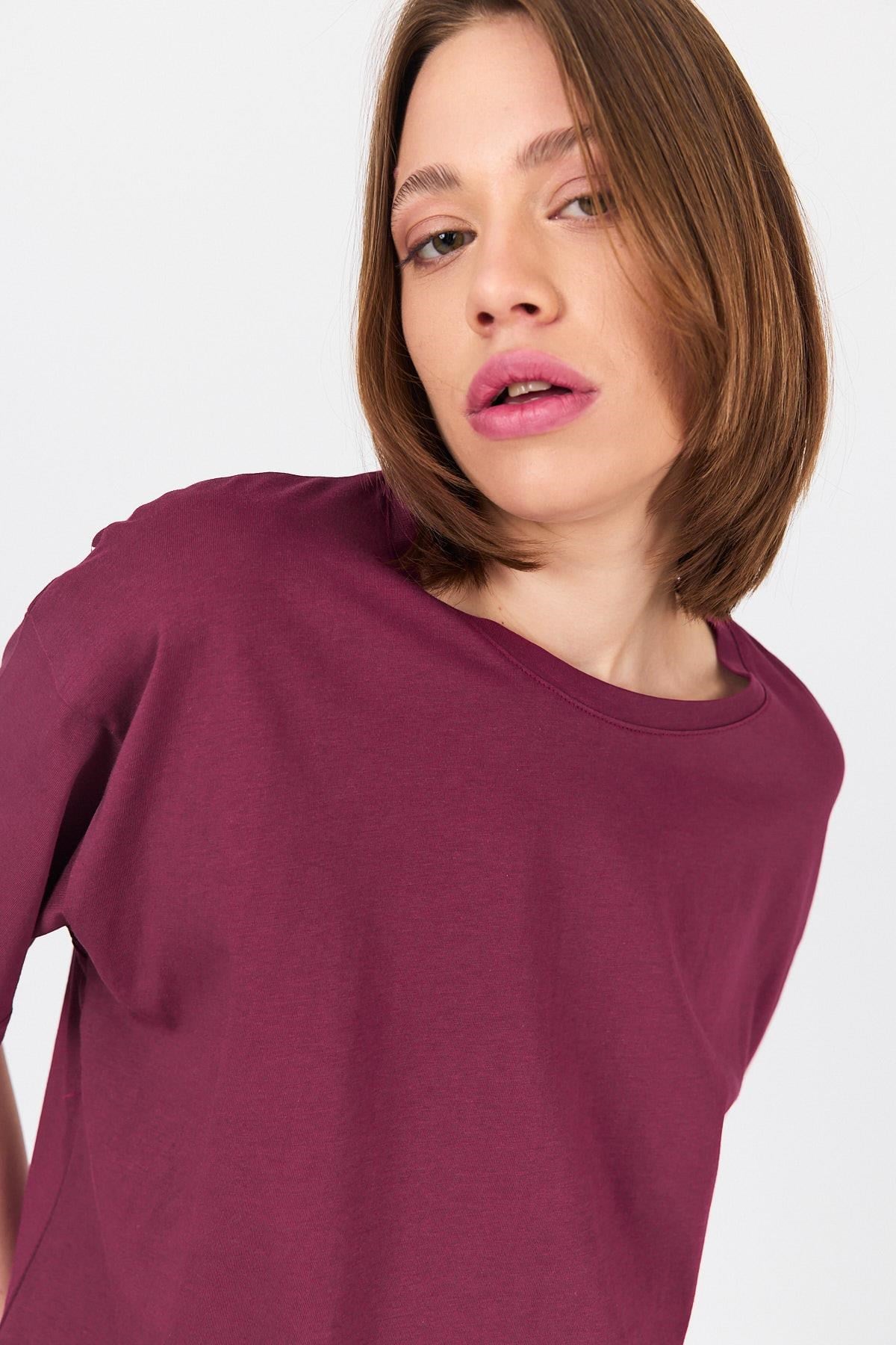 Bordo Omuz Yazı Baskılı %100 Pamuk Oversize Tişört 2150-30M 6