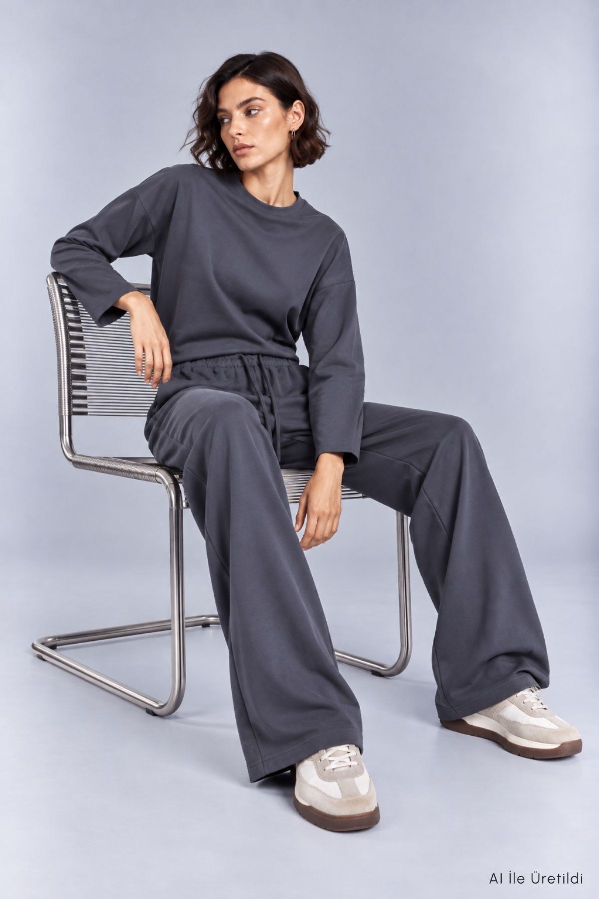 Kadın Antrasit Bisiklet Yaka Oversize Sweat ve Bol Paça Eşofman Takım