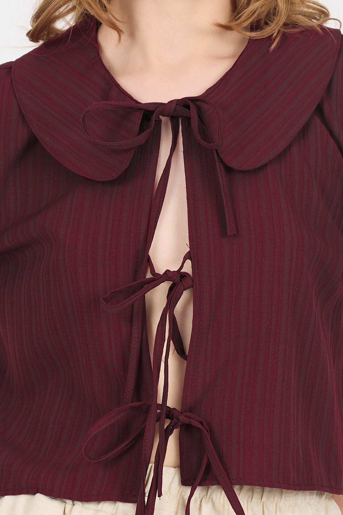 Bordo Bağlama Detaylı Bebe Yaka Crop Bluz 8064 4
