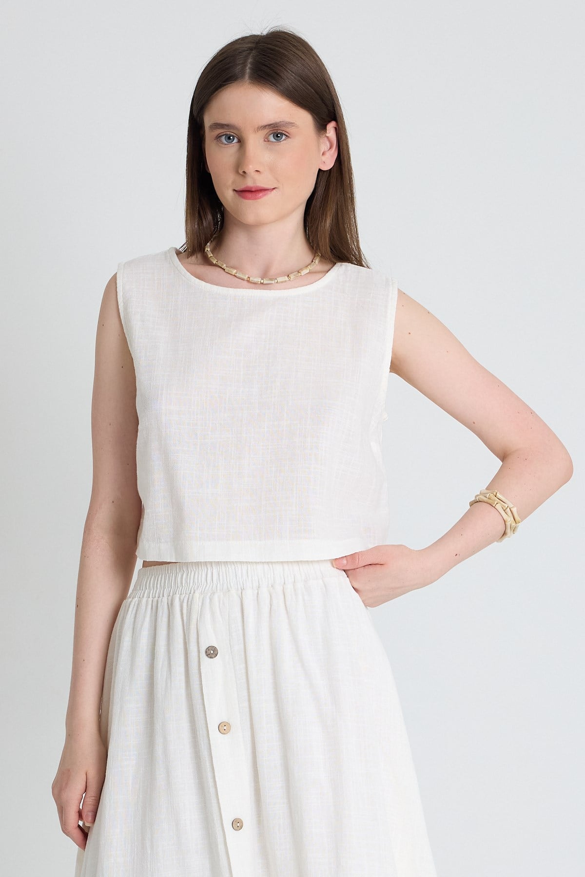 Beyaz Keten Görünümlü %100 Pamuk Kolsuz Crop Bluz 3419-1 6