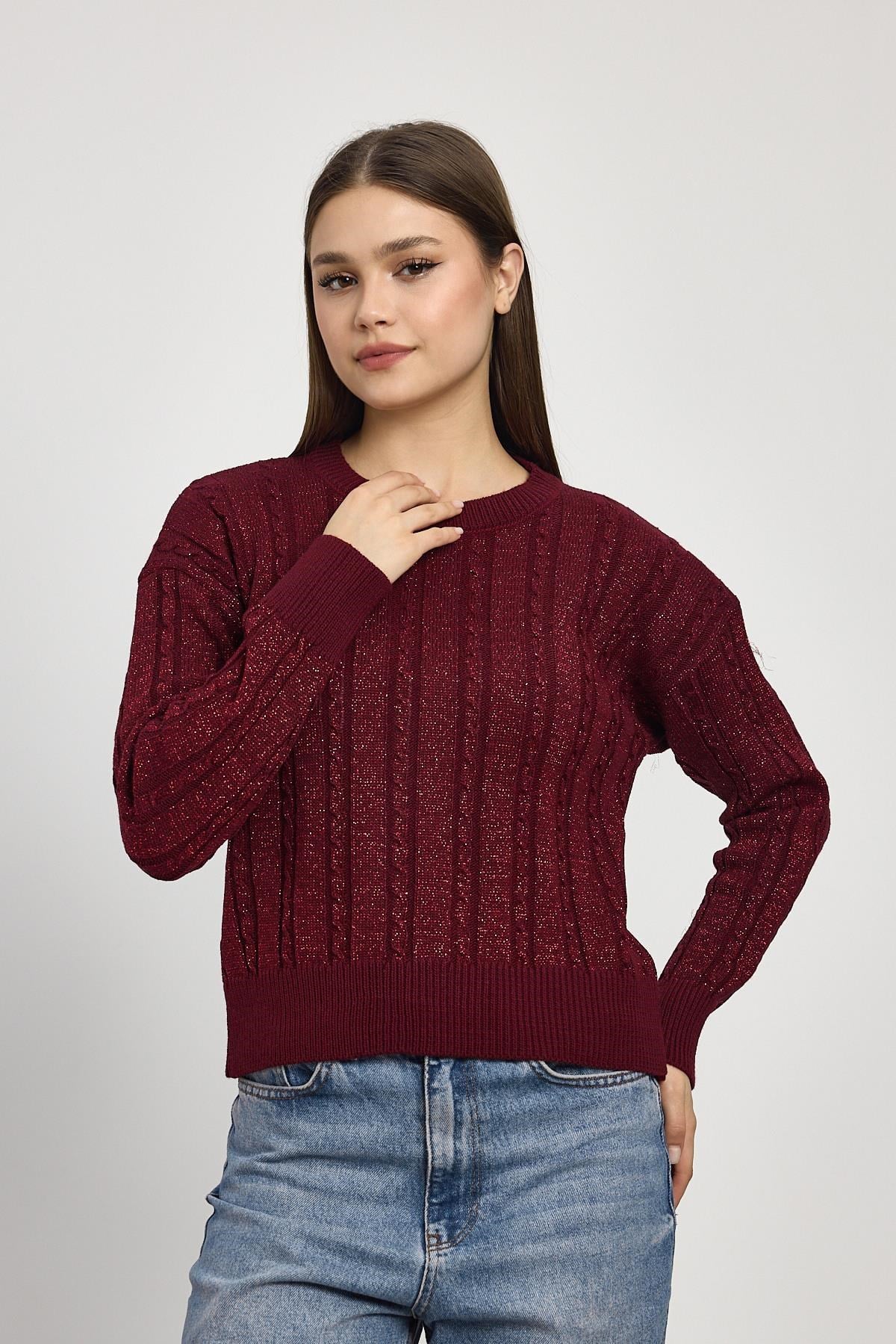 Örgü Detay Simli Triko Kazak 24366 Bordo 7