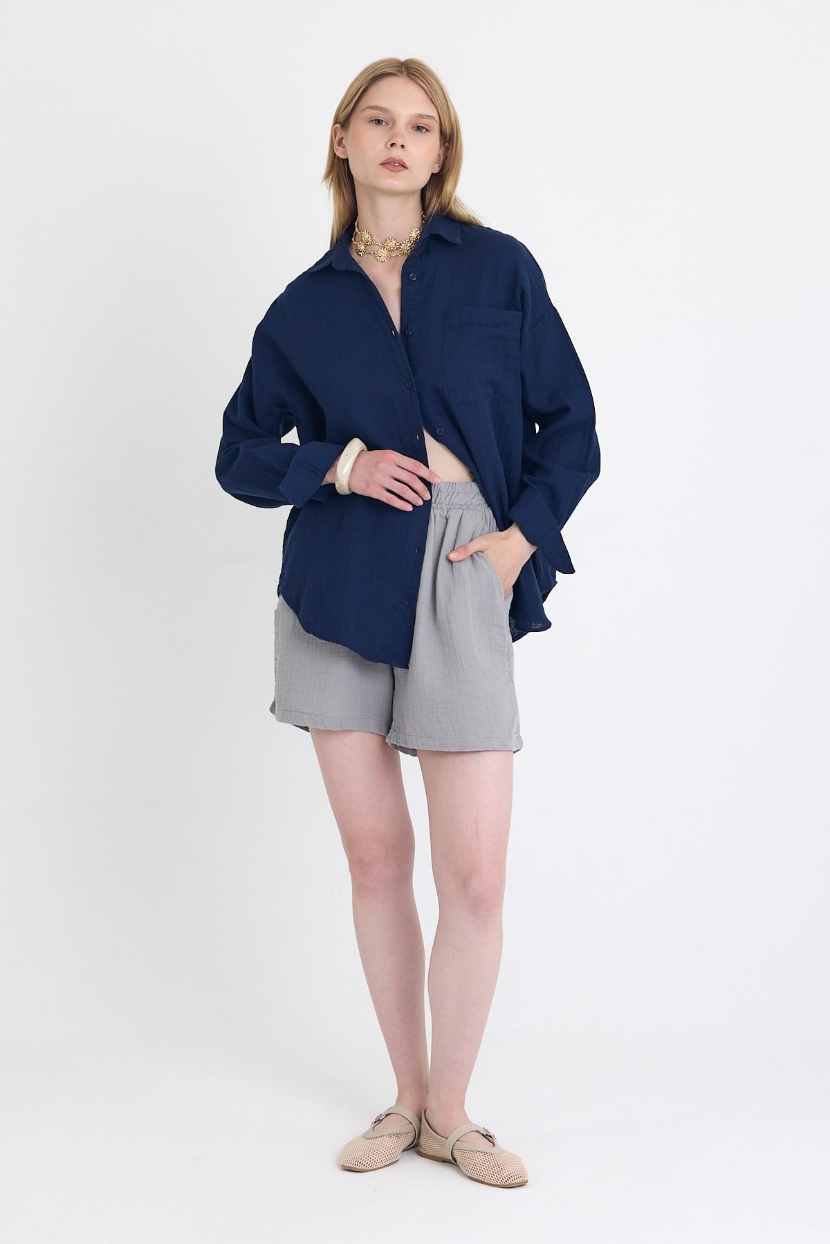 Laci Tek Cepli %100 Pamuk Oversize Müslin Gömlek 4697A 3